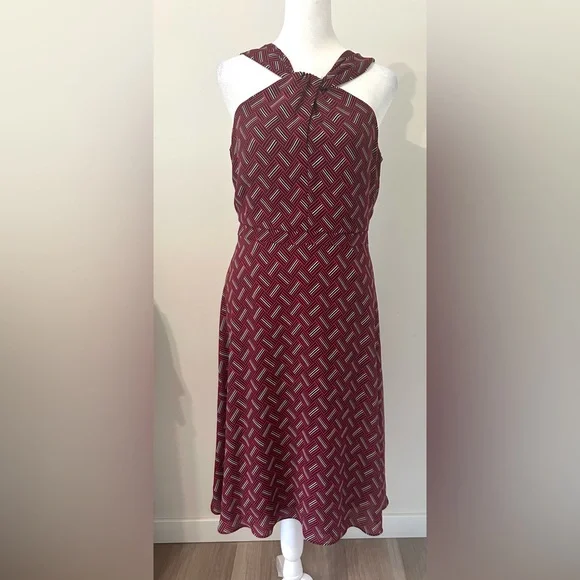 Banana Republic Factory Red Blue Geometric Twist Halter Neck Midi Lined  Dress